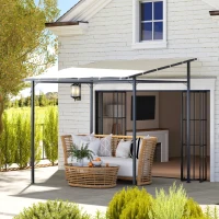 Outsunny 2.4 x 2.4 m Wall Mounted Pergola Gazebo with PA Coating Fabric and Metal Frame, UPF30+, Lean to Garden Gazebo, Wind Resistant Outdoor Sun Shade Shelter for Garden, Deck, Cream White(m-2)