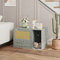 PawHut Cat Litter Box Enclosure with Rattan Door, Scratching Mat, Toy Ball, Non-Slip Foot Pads, Grey(m-10)