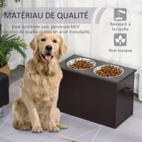 PawHut Gamelles chiens surélevées gamelle double chien chat Porte-gamelles surélevé dim. 60L x 30l x 41H cm 2 gamelles 2L poignées coffre bois chocolat(m-4)