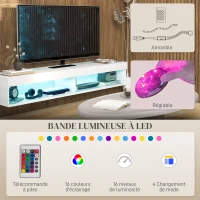 HOMCOM Meuble TV suspendu mural avec éclairage LED pour téléviseurs jusqu'à 75 pouces, étagères, 180L x 40l x 30H cm, blanc(m-5)