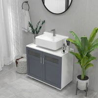 kleankin Mueble para Debajo del Lavabo Armario de Baño Bajo Lavabo con 2 Puertas de Vidrio Templado 69x35x59 cm Blanco y Gris(m-7)
