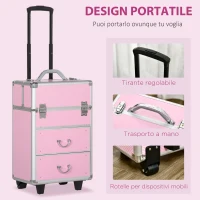 HOMCOM Valigetta Porta Trucchi Professionale, Trolley Make Up Rinforzato con Blocco a 2 Chiavi e Ruote, 36x23x58 cm, Rosa(m-5)