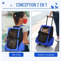 PawHut Sac de transport à roulettes pour chien 2 en 1 trolley chariot sac à dos pour chien chat avec poignée téléscopique, sacs de rangement, aérations, attache de sécurité, 42 x 25 x 55 cm, bleu(m-4)