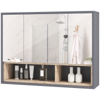 HOMCOM Meuble salle de bain avec miroir, armoire toilettes murale avec placards à 3 portes et 8 compartiments, gris