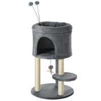 PawHut Arbre à chat avec griffoir centre d'activités avec niche hauteur 73,5 cm jeu pompons suspendu - sisal et peluche grise(m-10)