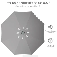 Outsunny Sombrilla de Jardín con Luces LED Solares Ø265x240 cm con Manivela Manual para Terraza Piscina Patio Gris Claro(m-5)