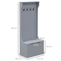 HOMCOM Mobile Appendiabiti 3 in 1 con 4 Ganci e Panca Contenitore, in Legno, 71.5x39.5x170 cm, Grigio(m-3)