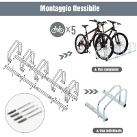 HOMCOM Rastrelliera Biciclette da Pavimento o Parete, Portabici da Terra per 5 Biciclette in Acciaio, Ruote Fino 55 mm, 145x33x27 cm, Argento(m-5)