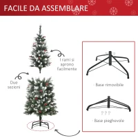 HOMCOM Albero di Natale Innevato Artificiale 150cm con Bacche Rosse e Pigne Bianche, Base Rimovibile Pieghevole, 408 Rami(m-6)