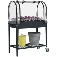 Outsunny Raised Planter with Greenhouse Cover, Mobile Elevated Garden Bed with Wheels and Bottom Shelf for Vegetables, Dark Grey(m-1)