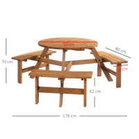 Outsunny 6 Seater Wooden Picnic Table and Garden Benches Set, Round Garden Dining Set with 3 Benches and Umbrella Hole Outdoor Garden Park, Brownish Red(m-3)