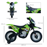 HOMCOM Motocross électrique 35 W Enfant 3 à 6 Ans dim. 109L x 52,5l x 70,5H cm roulettes Amovibles Vert(m-3)