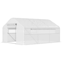 Outsunny Serre de jardin 4 x 3 x 2m avec portes enroulables et grandes fenêtres, serre tunnel de jardin, blanc(m-1)