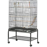 PawHut Large Bird Cage Budgie Cage with Stand, Toys, Wheels, Accessories, Storage Shelf for Canaries, Finches, Lovebirds, Parakeets - Black, 79 x 49 x 133 cm(m-11)