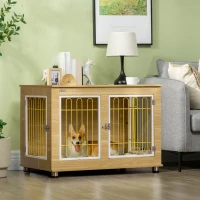 PawHut Dog Crate Furniture, Dog Cage End Table. with Soft Cushion, Double Door - Oak Tone(m-10)