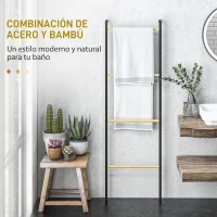 HOMCOM Toallero Apoyado en la Pared Toallero de Baño con 4 Barras de Bambú y Marco de Acero 49x5,5x167,5 cm Negro y Natural(m-4)