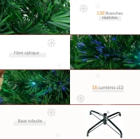 HOMCOM Sapin de Noël Artificiel Lumineux 120H cm Fibre Optique LED Multicolore + Support Pied 130 Branches étoile Sommet Brillante Vert(m-7)
