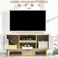 HOMCOM Meuble TV Banc TV scandinave 2 niches et 2 rangements avec Portes - dim. 120I x 40P x 55H cm - Bois Blanc Chêne(m-5)