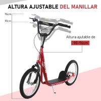 HOMCOM Scooter Patinete para Niños +5 Años y Adolescentes con Manillar Ajustable en Altura 2 Neumáticos de Caucho Inflable con Doble Freno y Ruedas 16" Carga 100 kg 139x58x90-96 cm Rojo(m-5)