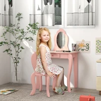 ZONEKIZ Kids Dressing Table with Mirror, Stool, Drawer, Cute Animal Design - Pink(m-2)