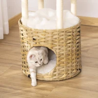 PawHut Árbol Rascador para Gatos de Ratán Torre de Gatos Mediano con Cueva 2 Camas Postes de Sisal Natural y Cojines Lavables de Felpa Suave Ø40,5x69 cm Natural(m-7)