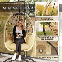 Outsunny Fauteuil œuf suspendu balancelle pliante avec coussin et support usage intérieur extérieur 110 x 100 x 188 cm beige(m-7)