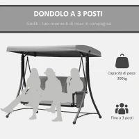 Outsunny Dondolo 3 Posti da Giardino o Terrazzo con Tettuccio Regolabile e Tasche Portaoggetti Grigio Scuro 196x128x172cm(m-7)