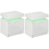 HOMCOM Set of 2 White Bedside Tables with LED Lights, High Gloss Front Nightstands with 4 Drawers(m-1)