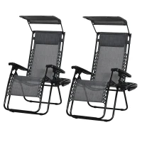 Outsunny 2 Piece Foldable Reclining Garden Chair with Headrest, Zero Gravity Deck Sun Lounger Seat Chair with Footrest, Armrest, Cup Holder & Canopy Shade, Light Grey(m-11)