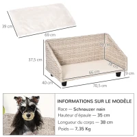 PawHut Canapé chien chat lit pour animaux de compagnie panier en résine tressée imitation rotin PE coussin moelleux 70,5 x 40 x 37,5 cm gris clair blanc(m-3)