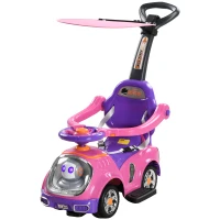 AIYAPLAY 3 in 1 Ride on Push Car, Cartoon Robot Theme Foot to Floor Slider w/ Handle Light Music Horn, Storage - Pink(m-11)