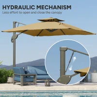 Outsunny Garden Parasol, 3(m) Cantilever Parasol with Hydraulic Mechanism, Dual Vented Top, 8 Ribs, Cross Base, Khaki(m-4)