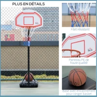 HOMCOM Panier de basket extérieur avec poteau panneau, base de lestage sur roulettes hauteur réglable 2,1-2,6 m (panier) - noir blanc et rouge(m-7)