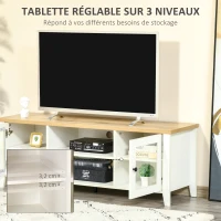 HOMCOM Meuble banc TV rangement avec 2 portes et 2 niches 140 x 39,5 x 50 cm - passe-câbles - en MDF - blanc(m-6)