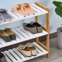 HOMCOM 3-Tier Shoe Rack Wood Frame Slatted Shelves Spacious Open Hygienic Storage Home Hallway Furniture Family Guests 70L x 26W x 57.5H cm - Natural(m-7)