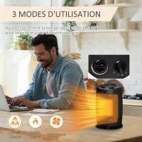 HOMCOM Chauffage soufflant oscillant 1500 W - mini radiateur céramique PTC - 3 niveaux de puissance - chauffage d'appoint noir(m-4)