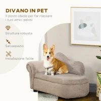 PawHut Divano per Cani Rialzato con Spazio Portaoggetti a Scomparsa, in Legno e Tessuto Vellutato, 80x40x46 cm, Beige(m-7)