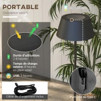 Outsunny Lampadaire extérieur LED solaire sans fil avec batterie rechargeable par USB, luminosité réglable - aluminium noir(m-5)