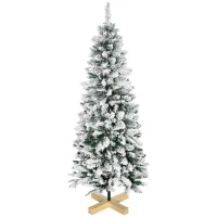 HOMCOM 5 Ft Snow Flocked Artificial Christmas Tree, Xmas Pencil Tree with Realistic Branches, Auto Open, Pinewood Base, Green(m-11)