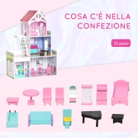 HOMCOM Casa delle Bambole in Legno a 3 Piani con Scale e Accessori per Bambini 3-6 Anni, 60x29x85cm, Rosa(m-5)