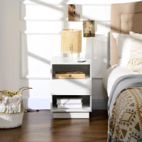 HOMCOM Comodini Moderni con LED, Set 2 Pezzi in Truciolato Bianco con Cassetto e 2 Ripiani Aperti, 40x40x55 cm(m-9)