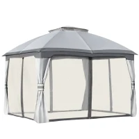 Outsunny 3.7 x 3(m) Metal Gazebo Canopy Party Tent Garden Patio Shelter with Netting Sidewalls & Double Tiered Roof, Grey(m-1)