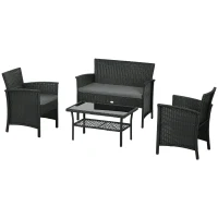 Outsunny Salotto da Esterno Rattan PE con Divanetto, 2 Poltrone con Cuscini e Tavolino in Vetro, Nero e Grigio(m-10)