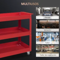 DURHAND Carro de Taller de Acero con 3 Estantes de Almacenamiento y Asa Lateral Carga 150 kg 83x35,3x76 cm Rojo(m-6)