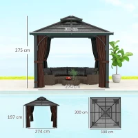 Outsunny 3 x 3(m) Hardtop Gazebo Canopy with 7mm Double Polycarbonate Roof, Garden Gazebo Permanent Pavilion with Mosquito Netting and Curtains for Patio, Deck, Brown(m-3)