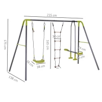 HOMCOM Balançoire 3 agrès portique avec balançoire, échelle et Face à Face dim. 2,95L x 1,38l x 1,75H m métal époxy anticorrosion PE Gris Anthracite Vert Pomme(m-3)