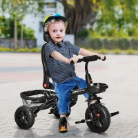 HOMCOM Tricycle Enfant évolutif Pliable - Pare-Soleil, Canne télescopique Amovible - siège pivotant, Harnais, Arceau sécurité - Repose-Pied - 3 paniers Rangement - métal PP Gris Noir(m-2)