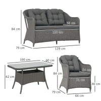 Outsunny Four-Piece Rattan Set, with Glass-Top Table - Light Grey(m-3)