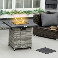 Outsunny Outdoor PE Rattan Gas Fire Pit Table, Patio Square Propane Heater with Rain Cover, Mesh Lid and Lava Stone, 40,000 BTU, Mixed Grey(m-2)