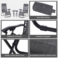 Outsunny 3pcs Folding Zero Gravity Chairs Sun Lounger Table Set w/ Cup Holders Reclining Garden Yard Pool, Light Grey(m-7)